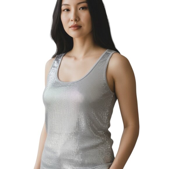 Cache Tank Top Size Small Sleeveless Metallic Front Silver Y2K Glam Date Night - Picture 7 of 7